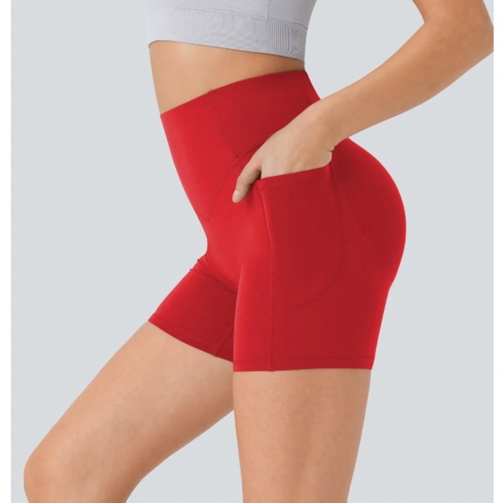 Halara Womens High Waisted Biker Shorts Red Side Pocket Size XS Athletic Gym